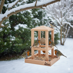 Mangeoire à oiseaux en bois naturel – Support pour boules de graisse