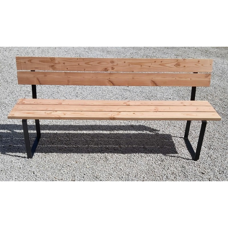 Banc en bois avec dossier en bois et ça base en métal peint noir